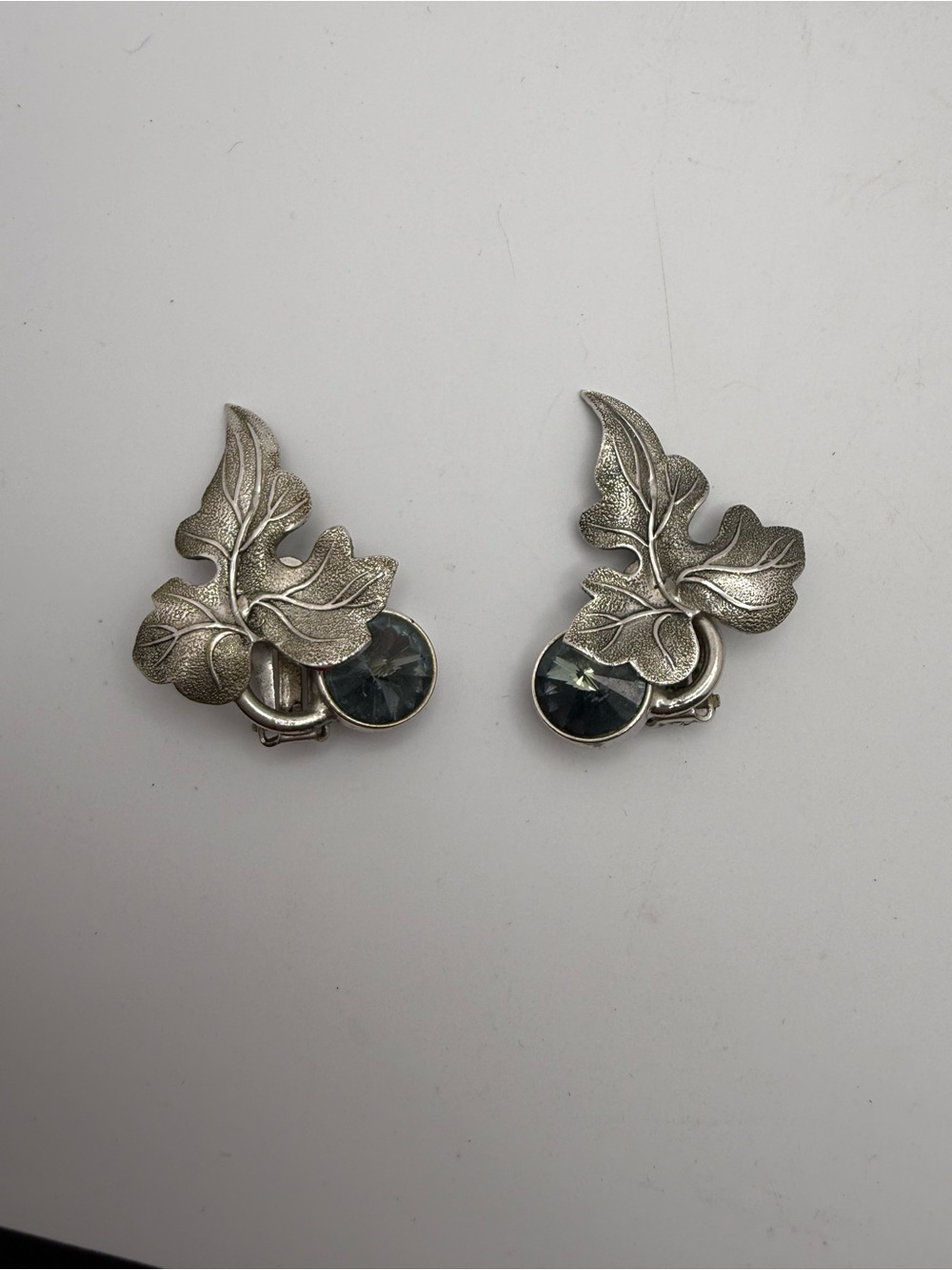 Whiting & Davis Silver Leaf Clip-On Earrings with Blue Rondel Crystal Accent